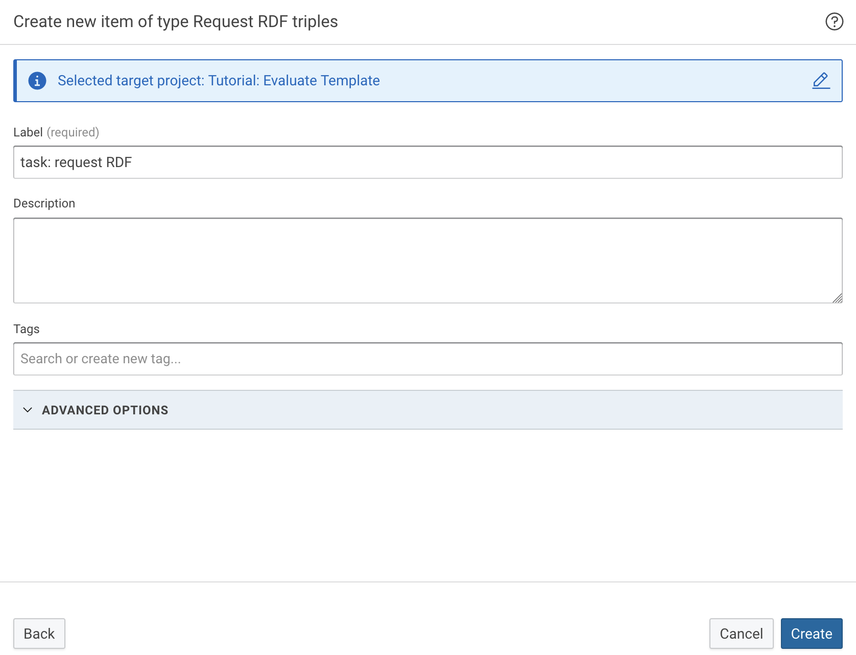 Dialog to create new Request RDF triples task