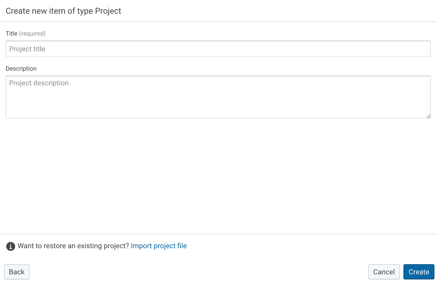 Create new project dialog