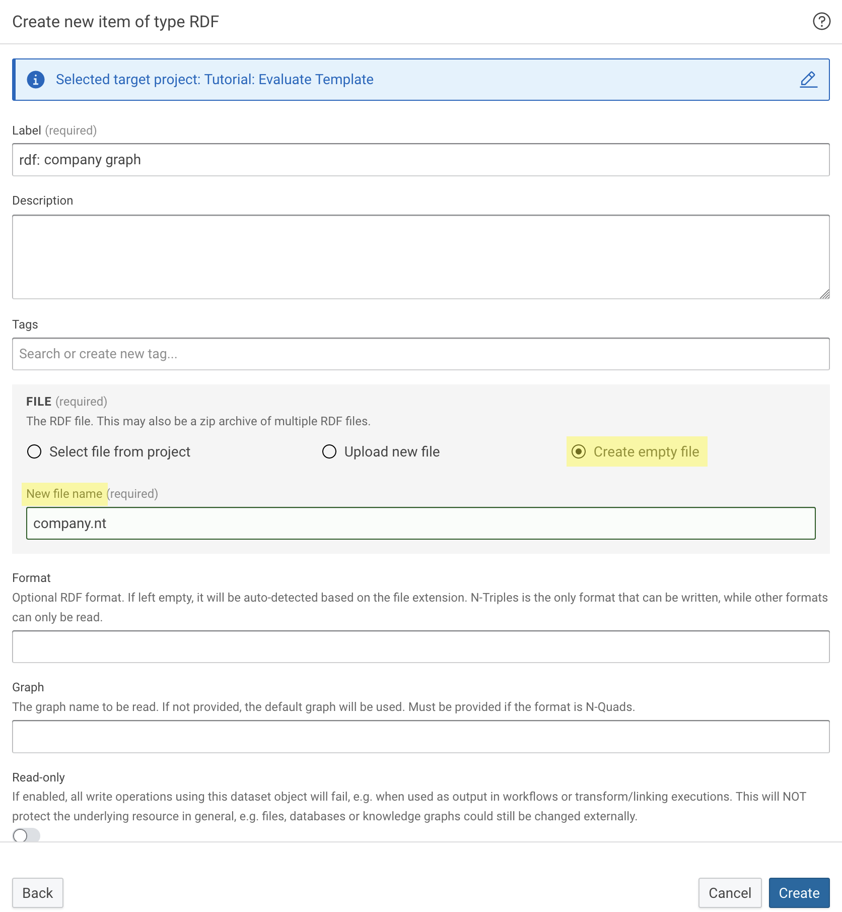 Dialog to create new RDF dataset