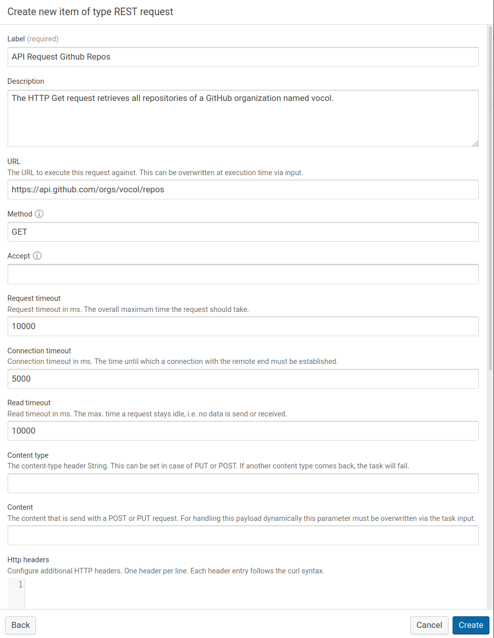 REST request task configuration