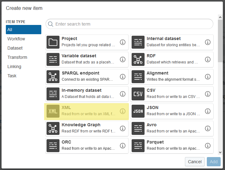 Dialog to create new XML dataset