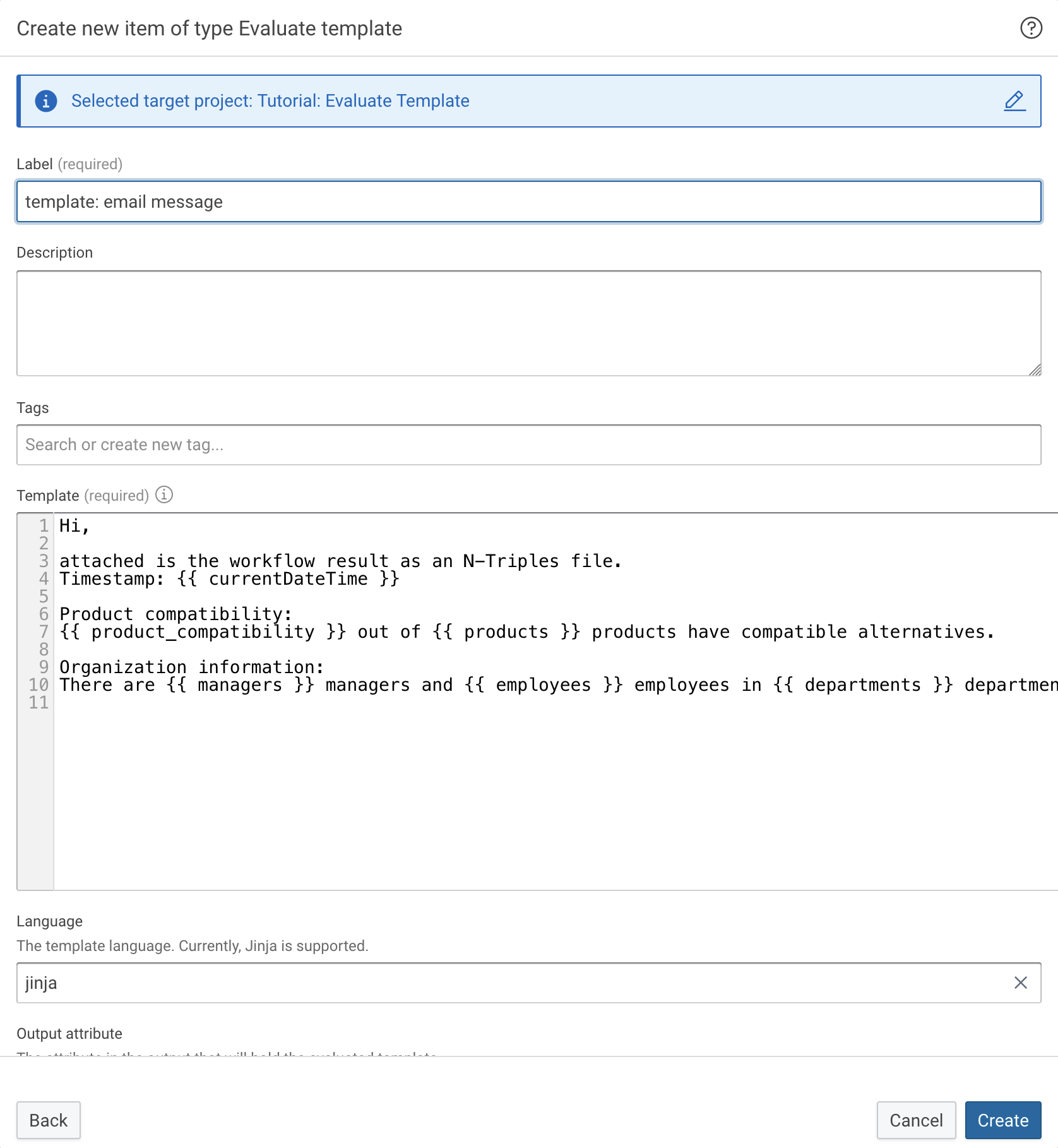 Dialog to create new Evaluate template item