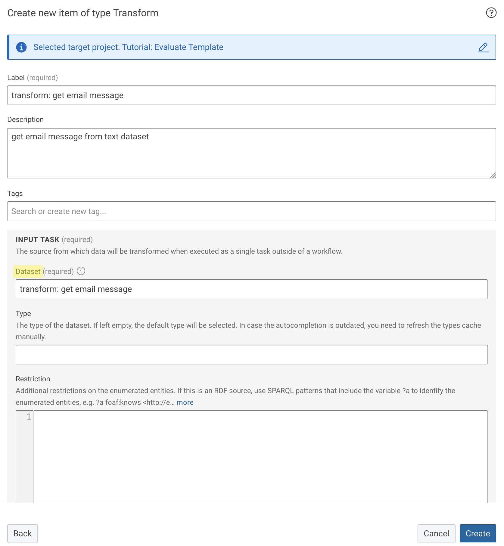 Dialog to create new Transform