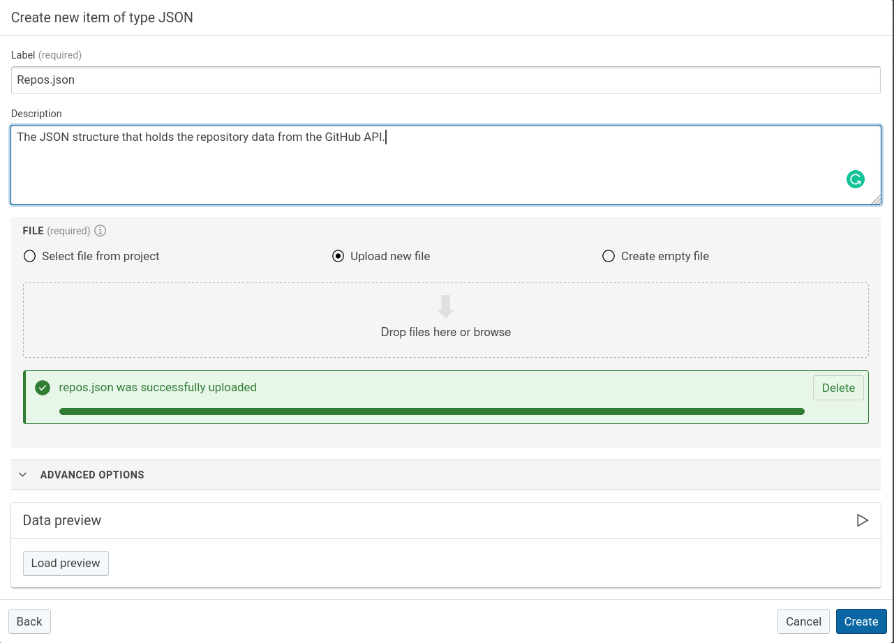 Create JSON dataset, upload data