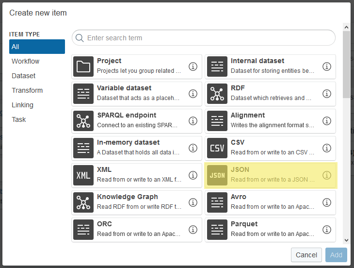 Dialog to create new JSON dataset