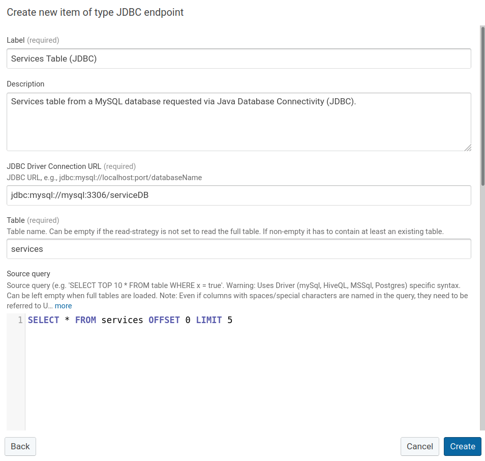 Configuration of a JDBC dataset