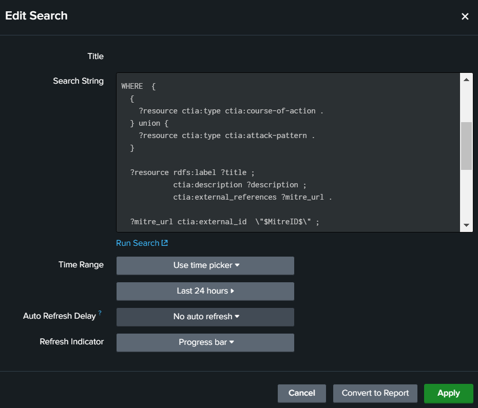 Figure 2. An analyst can insert a SPARQL query with Splunk token in input of one "static table" panel of his dashboard with the plugin "Linked Data App"