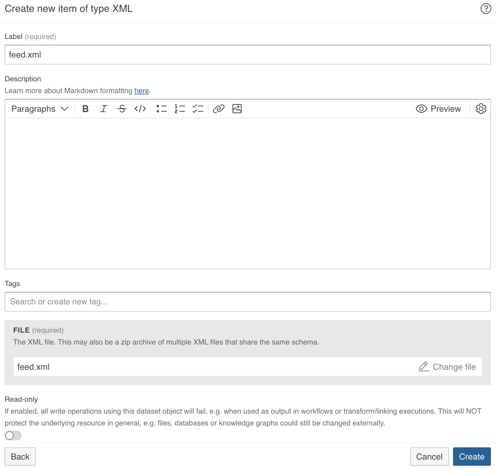 Create XML dataset dialog