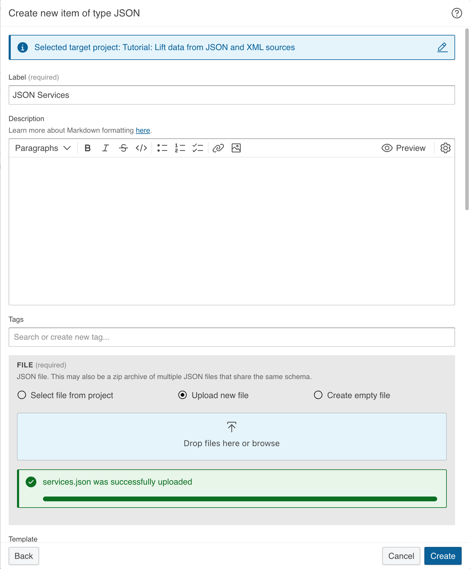 Dialog to create new JSON dataset