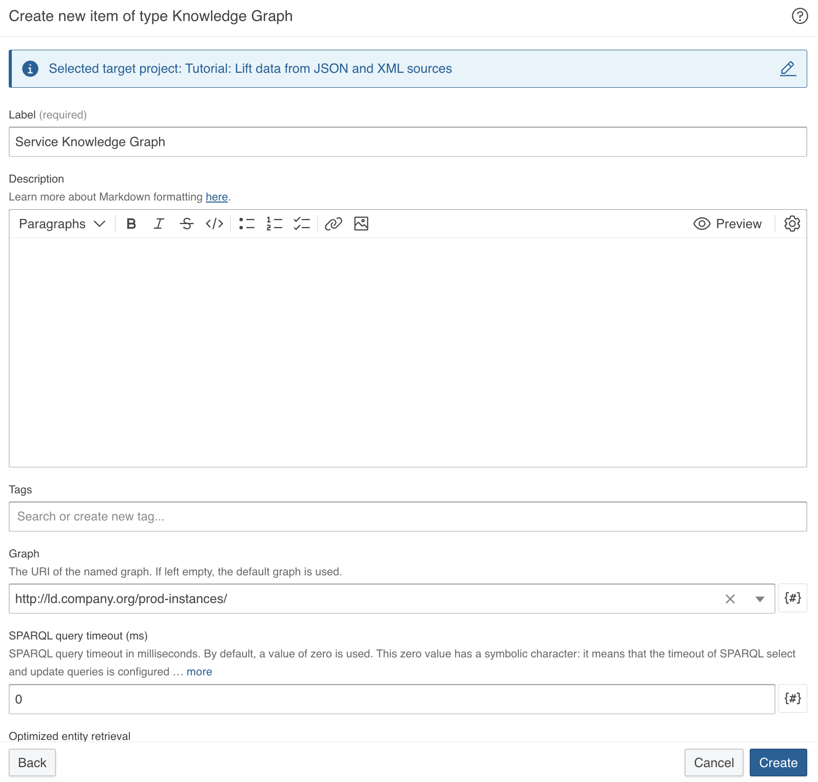 Dialog to create new Knowledge Graph dataset