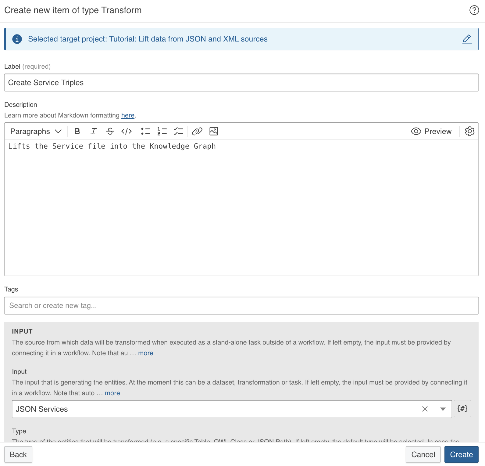 Dialog to create new Transformation