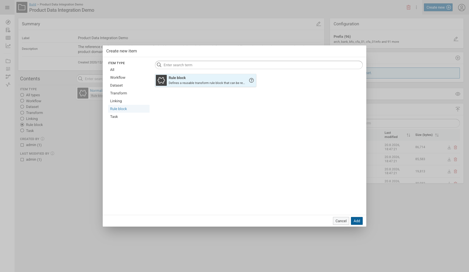 The Create new item dialog with the Rule block item type selected The Create new item dialog with the Rule block item type selected