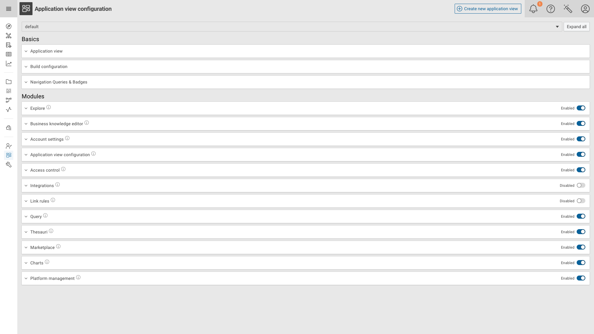 The module list of the Application view configuration