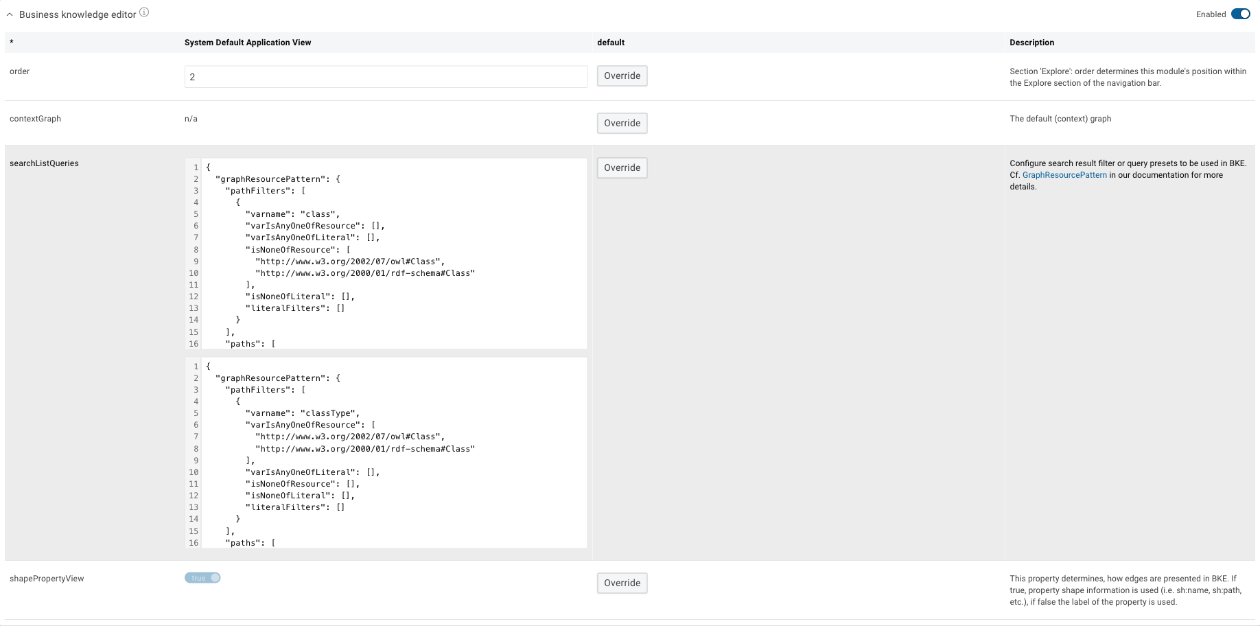 The Business knowledge editor configuration section