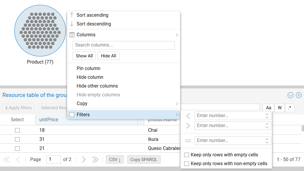 Numeric Filter Menu