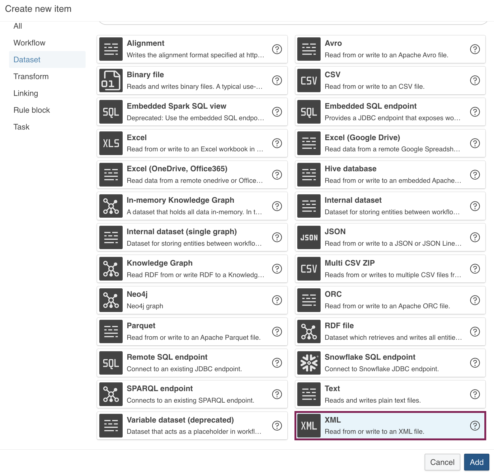 Dialog to create new XML dataset