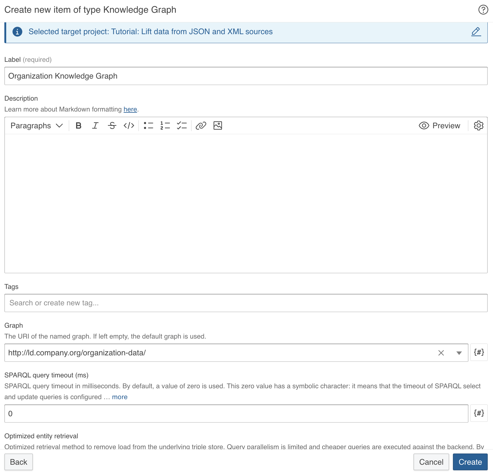 Dialog to create new Knowledge Graph dataset