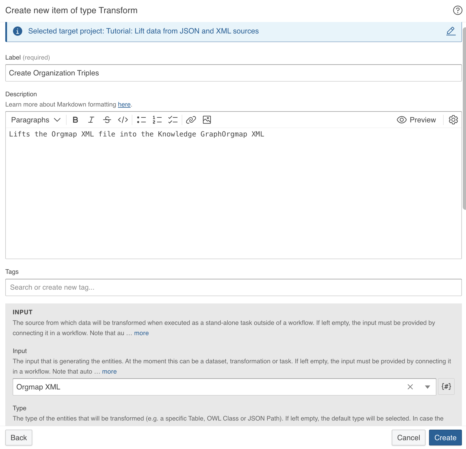Dialog to create new Transformation