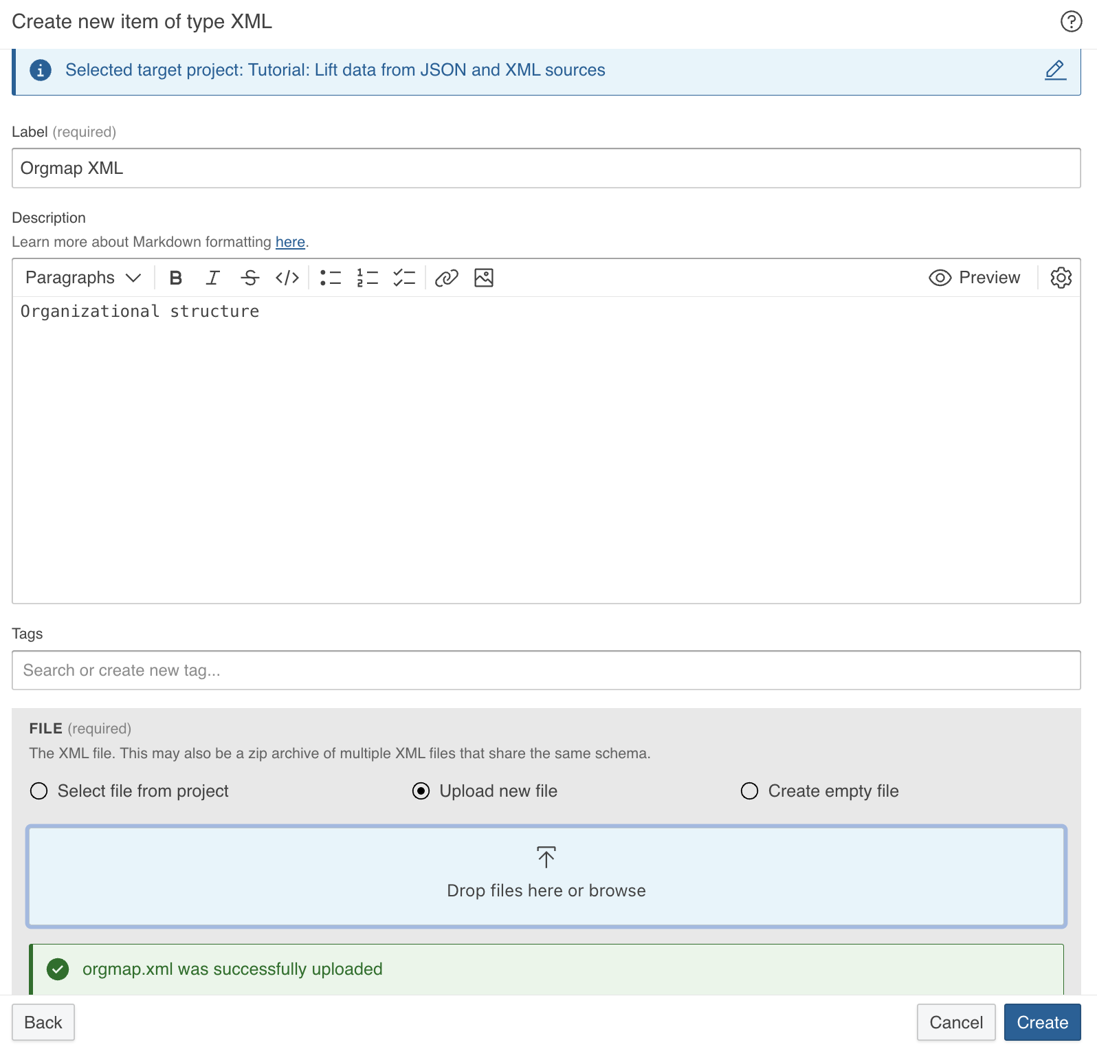 Dialog to label new XML dataset