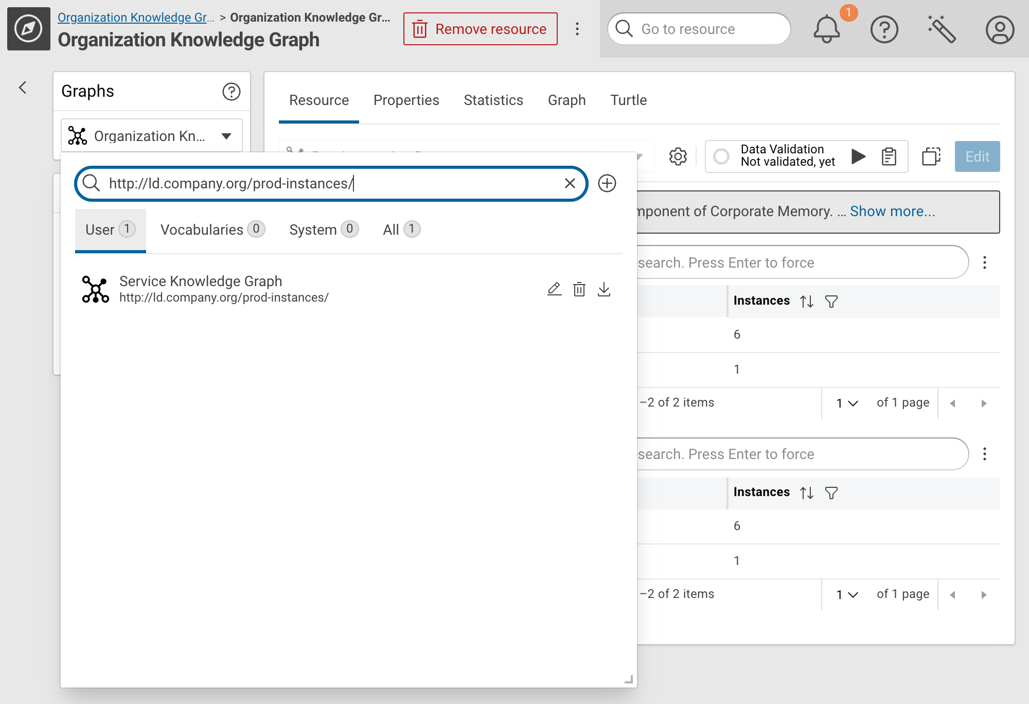 Searching for the graph URI in the Graphs drop-down (JSON example shown)