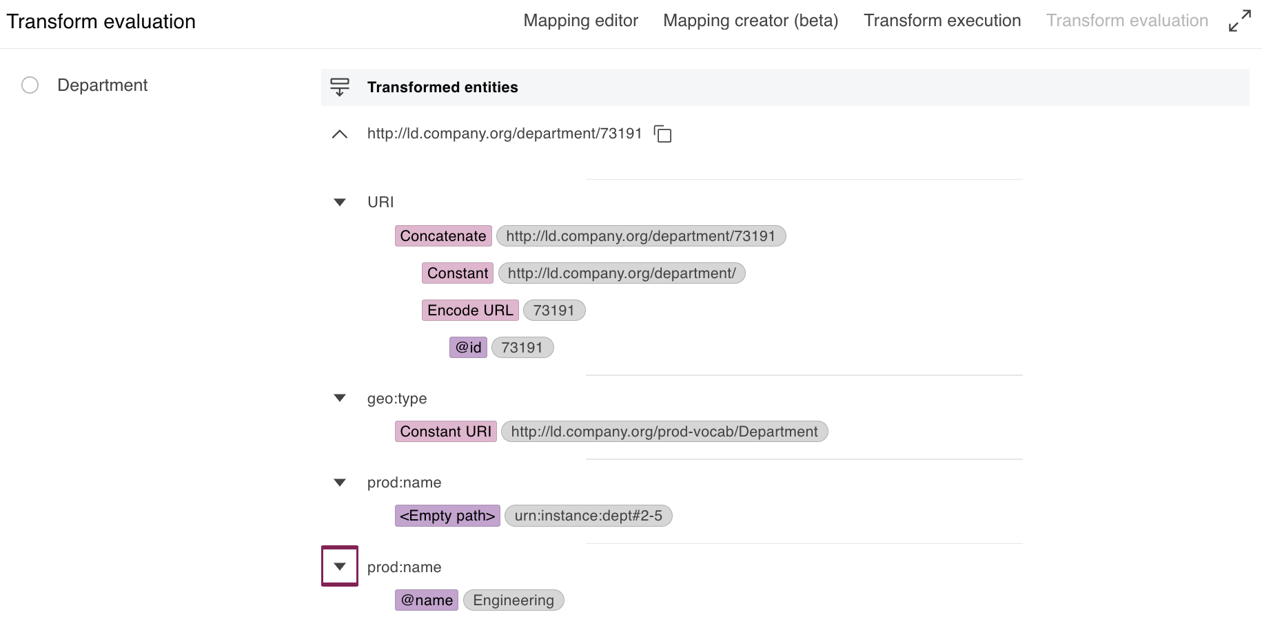 Transformation evaluation view XML