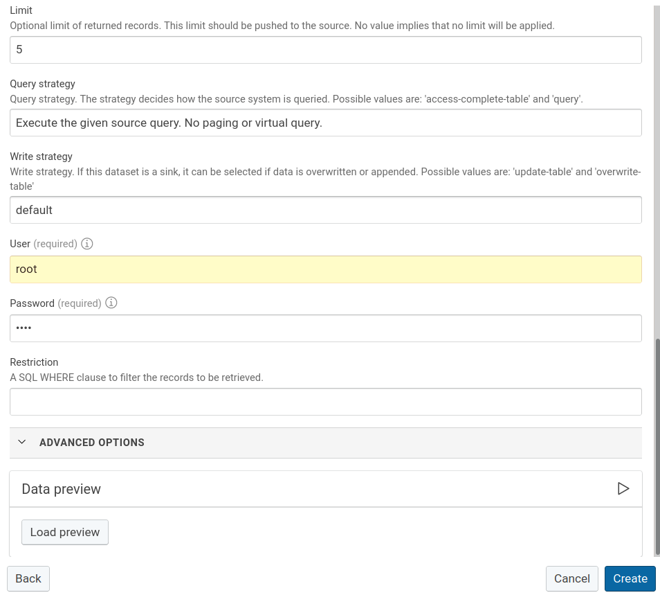 Configuration of a JDBC dataset