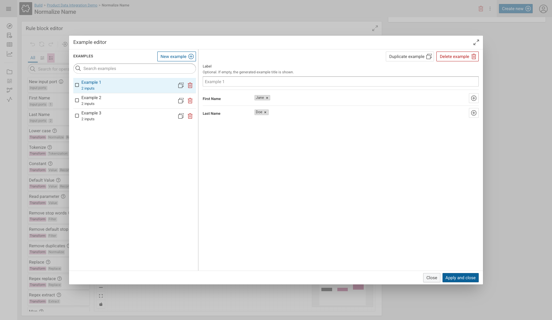 The Example editor of a rule block