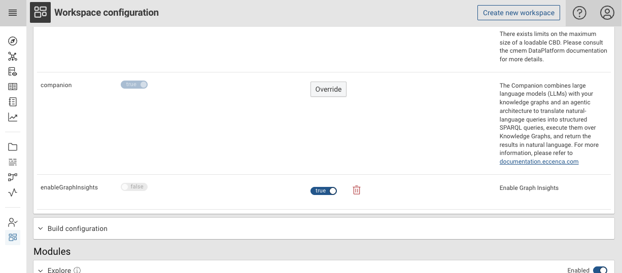 Explore workspace configuration