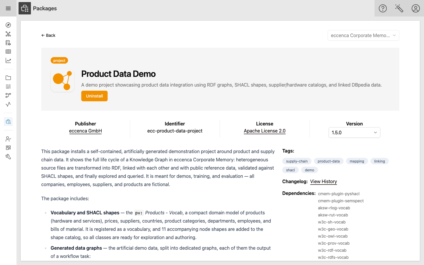 The details page of the Product Data Demo package The details page of the Product Data Demo package