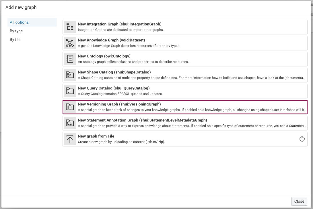 Add new graph dialog with the Versioning Graph option